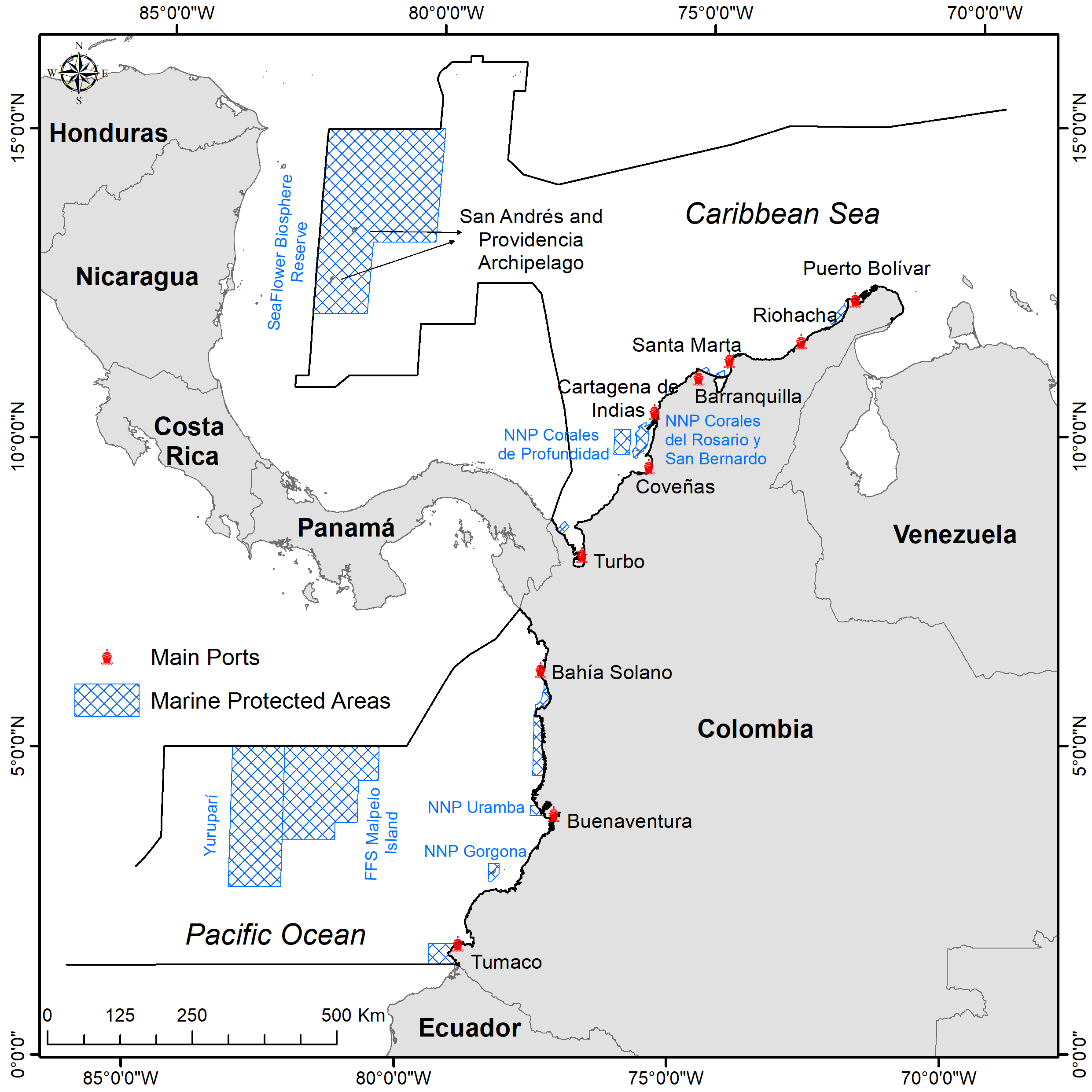 **Figure 1.** Study area with the location of marine protected areas and main ports in the Colombian Exclusive Economic Zone (EEZ).