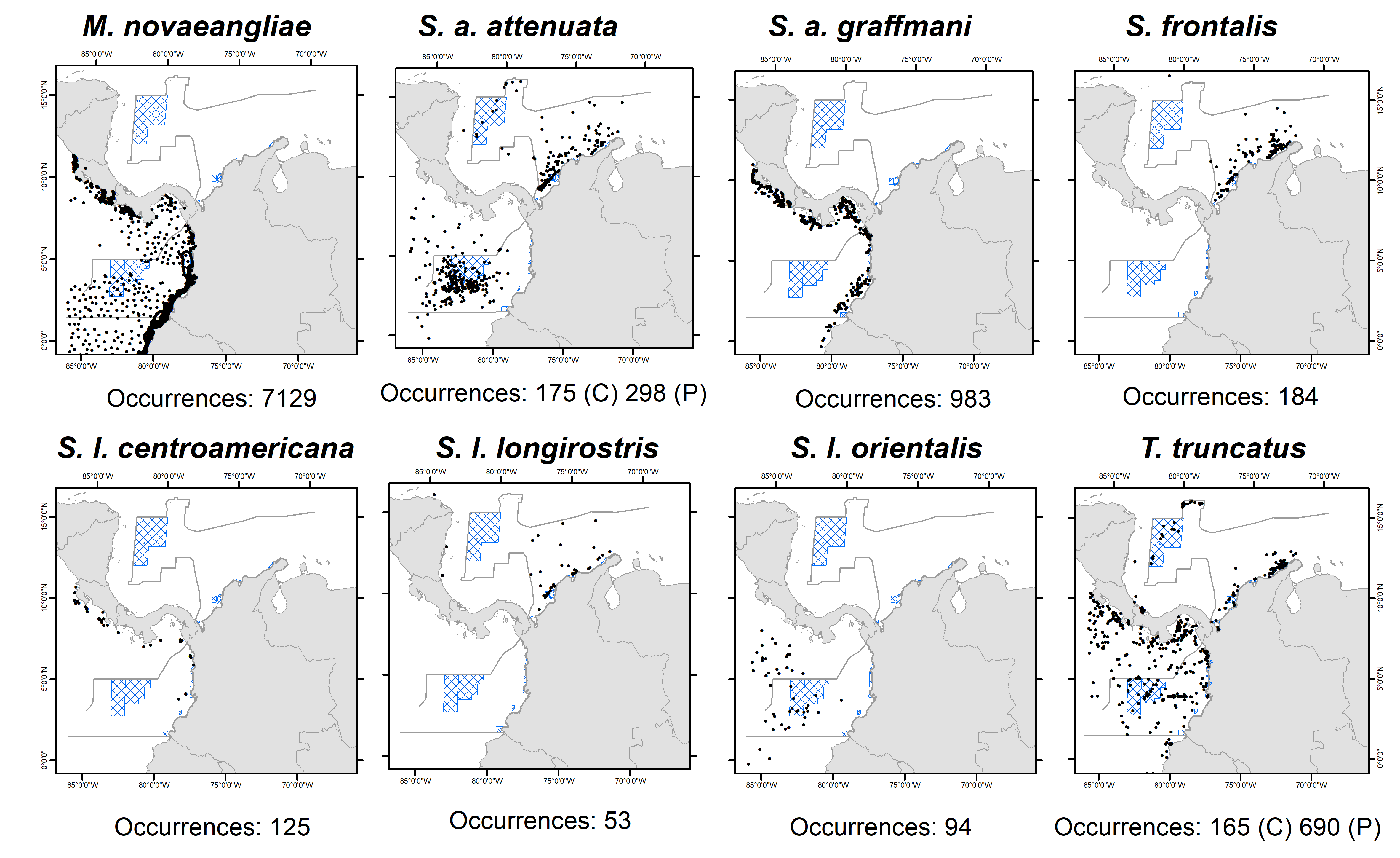 **Figure 2.** Number and locations of cetacean species/subspecies records reported in the Colombian Caribbean and Pacific basins. Occurrences of humpback whale (*Megaptera novaeangliae*); pantropical spotted dolphin’s subspecies: offshore pantropical spotted (*Stenella attenuata attenuata*) and coastal pantropical spotted (*Stenella attenuata graffmani*); Atlantic spotted dolphins (*Stenella frontalis*); spinner dolphin’s subspecies: Central American spinner (*Stenella longirostris centroamericana*), Gray’s spinner (*Stenella longirostris longirostris*), and Eastern spinner (*Stenella longirostris orientalis*); and bottlenose dolphins (*Tursiops truncatus*).