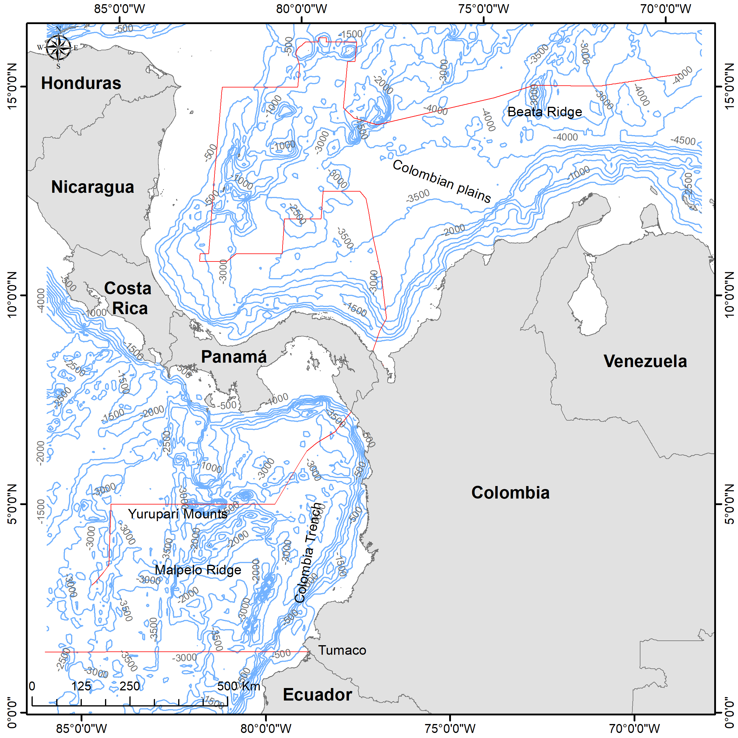 **Figure S1.** Contour lines of the bathymetry of the study area.