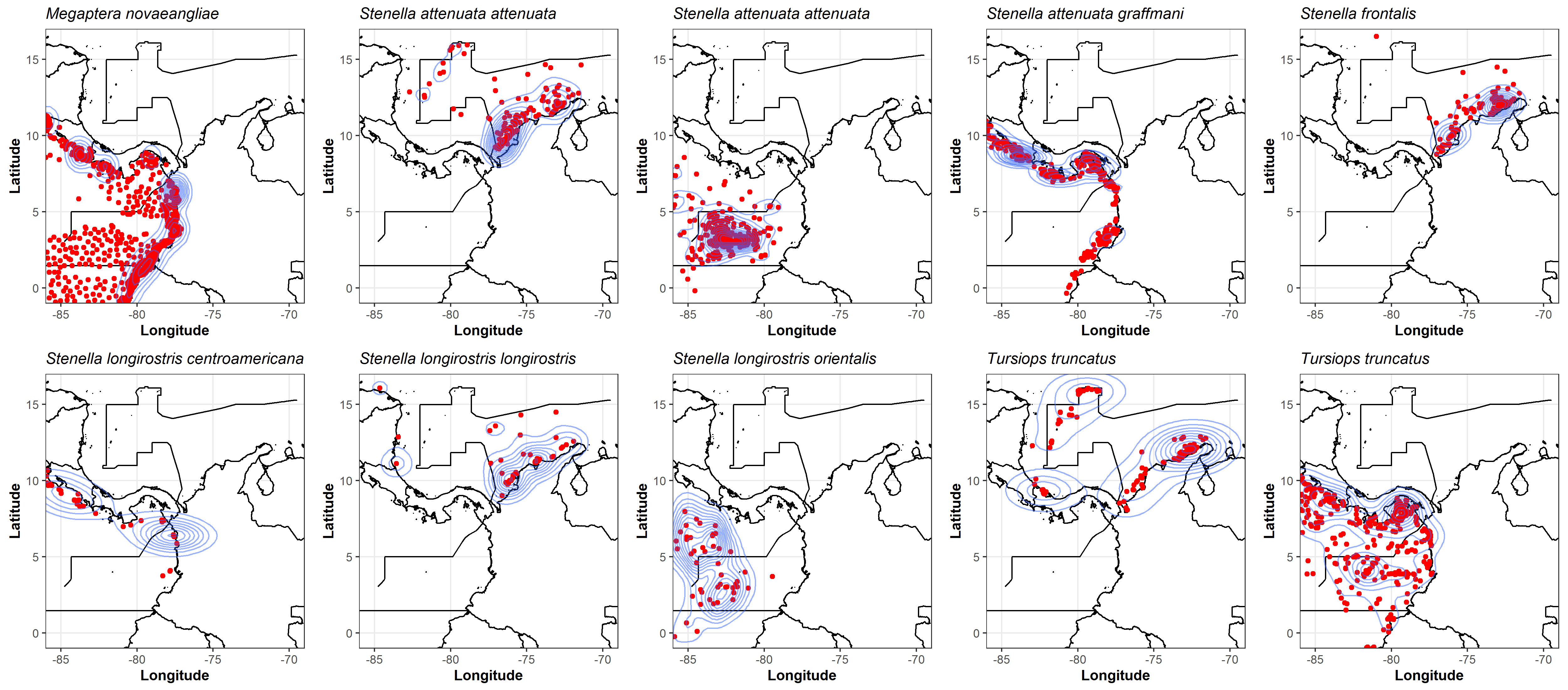 **Figure S3.** Two-dimensional estimation of the density of cetacean species occurrences using an axis-aligned bivariate normal kernel, evaluated on a square grid, using the  "*ggplot2*" (v. 3.4.1; @Wickham2016) R package.