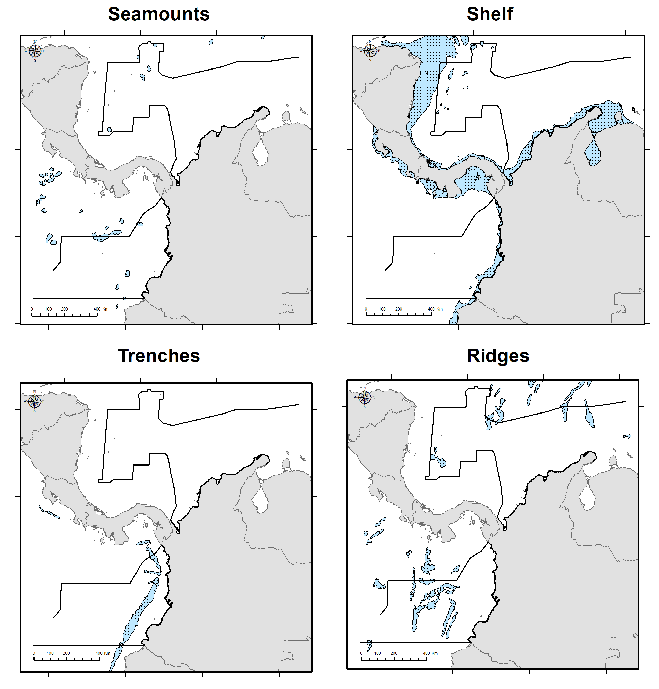 **Figure S5**. Distribution of the main geomorphological  (seamounts, shelf, trencehs and ridges) features of the study area.